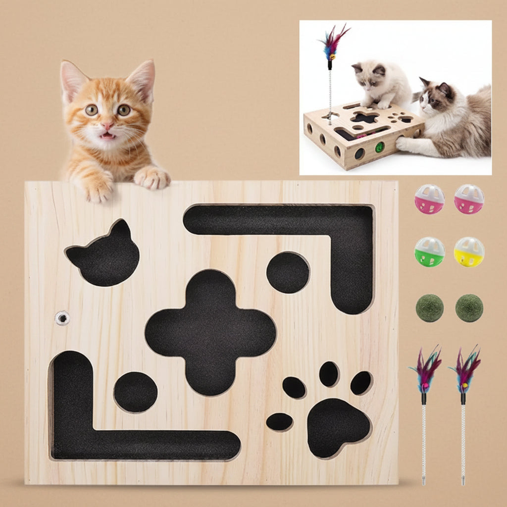 Wooden cat toy with black shapes and feathers on a white background