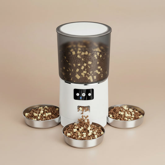 Automated pet feeder dispensing food into 3 bowls with a beige background