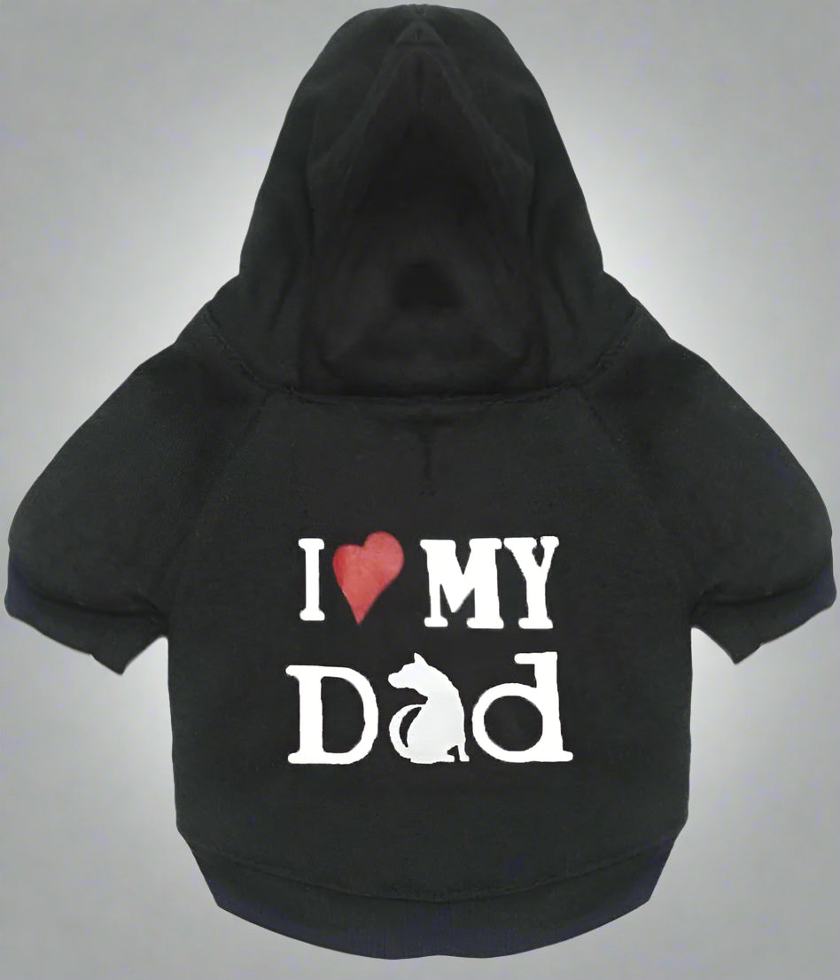 Small pet black hoodie with "I heart my dad" on the back