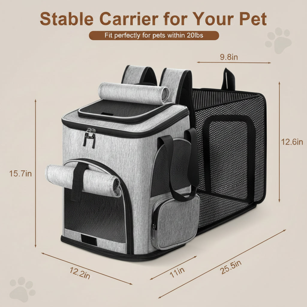 Pet carrier with dimensions on a white background
