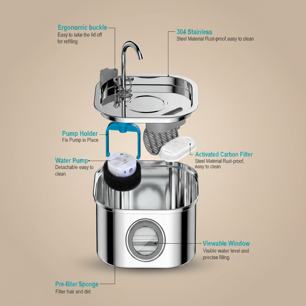Stainless steel water fountain with labeled parts on a beige background