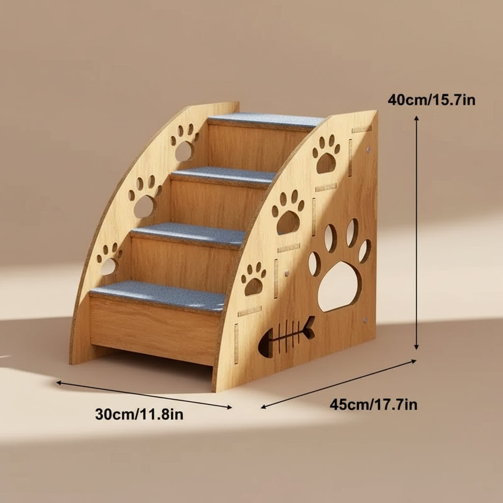 Wooden pet stairs with paw prints and measurements on a white background