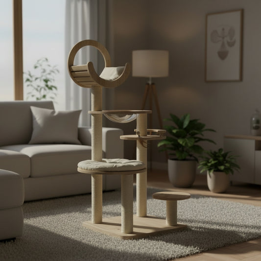 4-In-1 Large Wooden Cat Tower with Space Capsule Nest for Indoor Cats