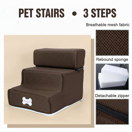 Brown pet step with breathable mesh fabric, rebound sponge, and detachable zipper on a beige background.