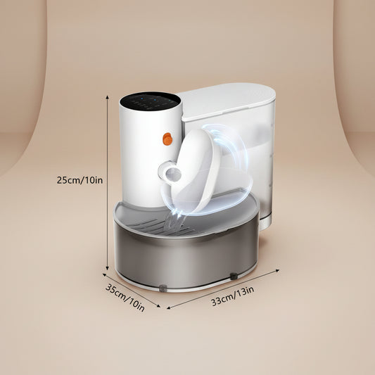 White and gray electronic device with dimensions indicated on a beige background