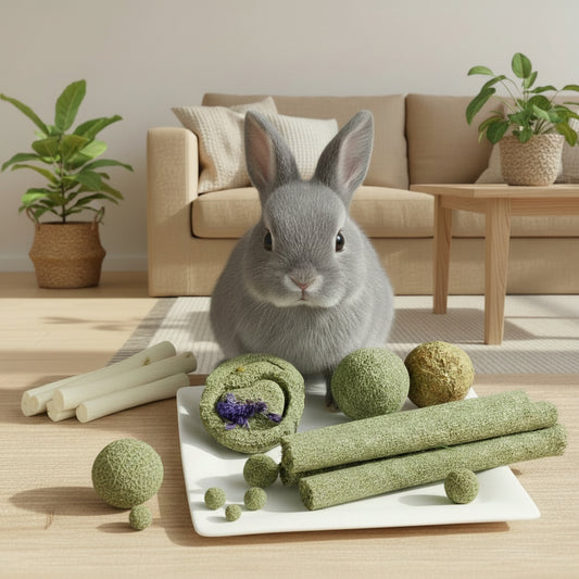 Gray rabbit with green pet treats on a wooden table