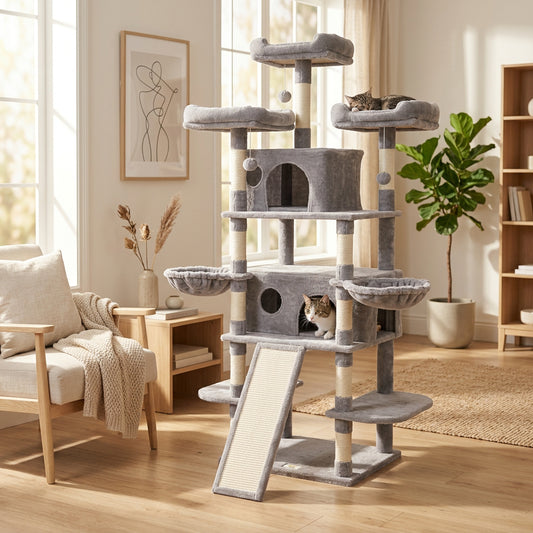 Light gray cat tree with multiple levels, condos, hammocks and ramp in a living room setting.