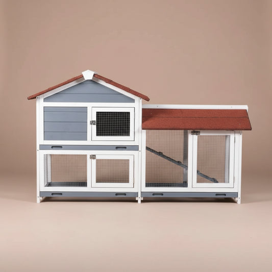 Two-story pet house with a red roof on a beige background