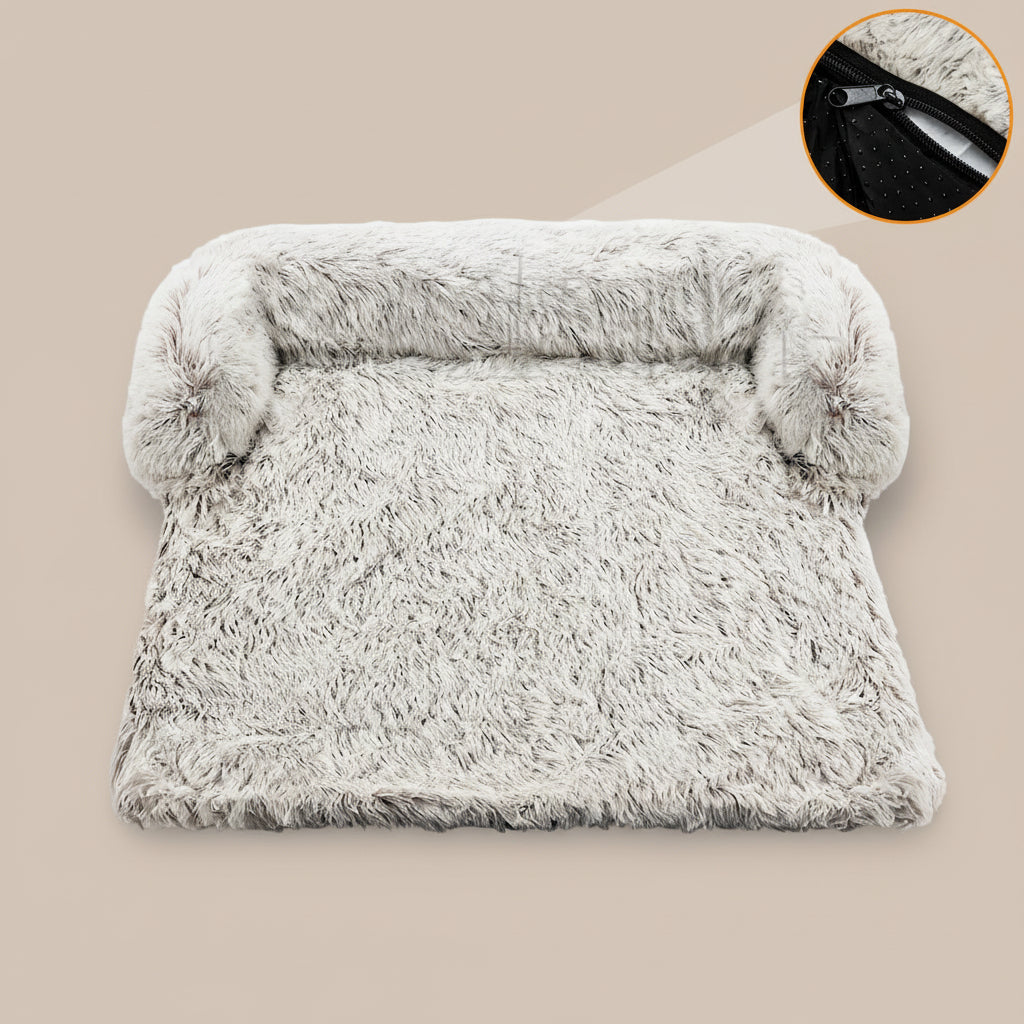 Fluffy gray pet bed with a close-up of a zipper on a white background