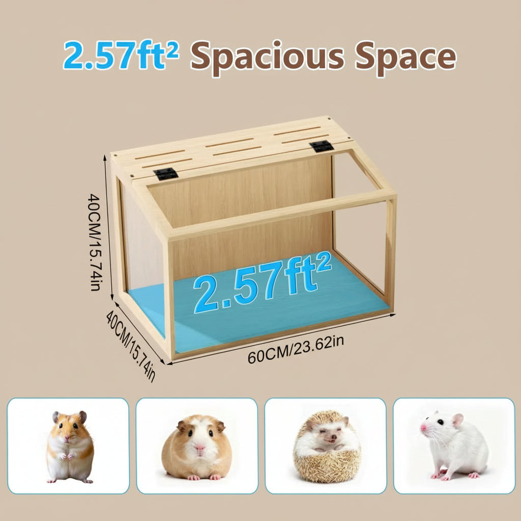 Pet playpen with dimensions on a wooden floor, showing space for small animals.