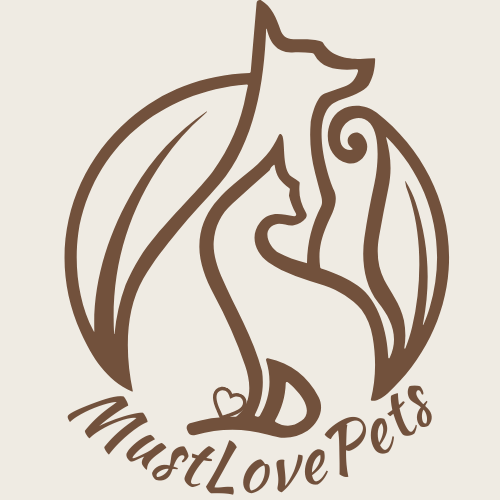 Logo of 'MustLove Pets' with a stylized horse and heart design on a beige background