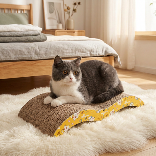 Gray and white cat sitting on a brown cat scratcher with a yellow edge on a rug in a bedroom