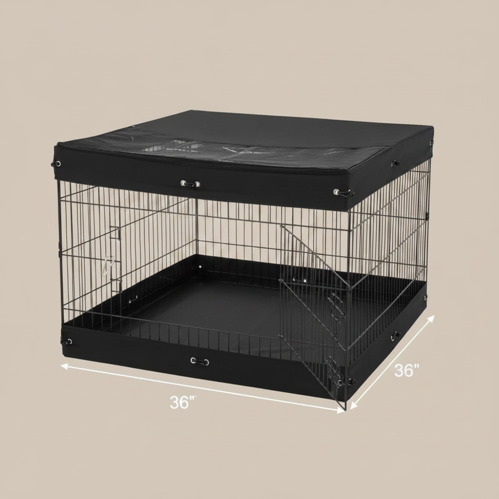 Black wire crate with a black cover and dimension labels on a beige background
