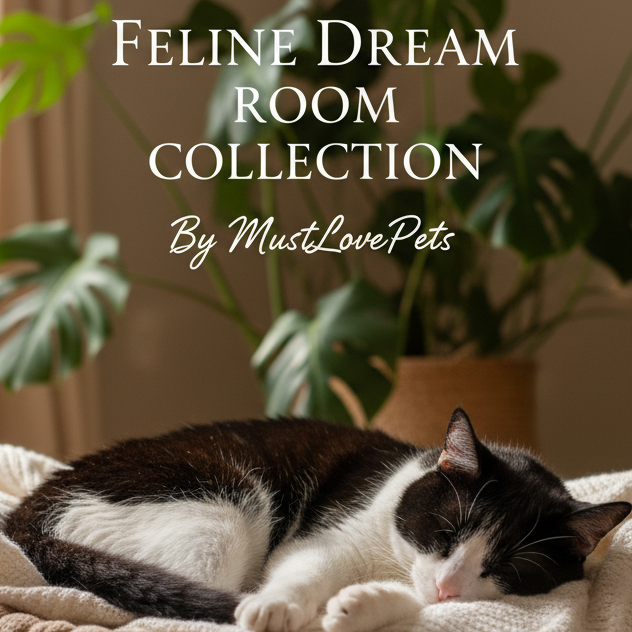 Cat sleeping on a blanket with plants in the background, featuring 'Feline Dream Room Collection by MustLovePets' text.