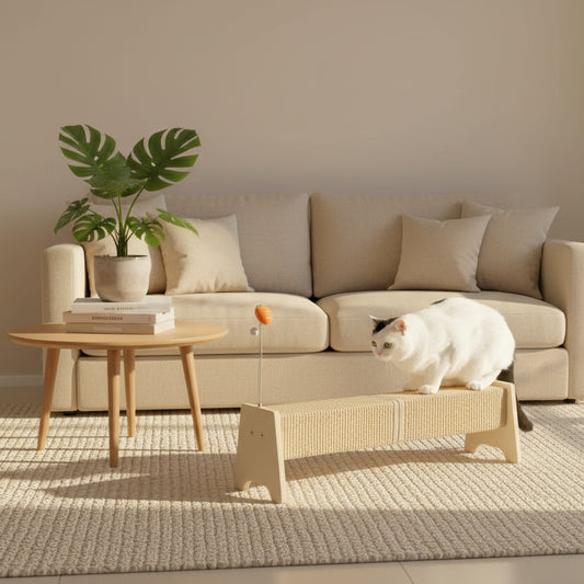 White & black cat on a horizontal scratcher in a living room with a beige sofa and a small round table.