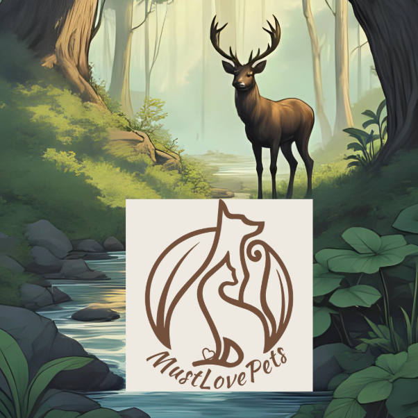 Deer in a forest with '#MUST_LOVE_PETS_' text and logo.