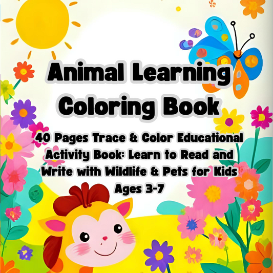 Colorful cover of an animal learning coloring book with a giraffe, butterfly, and flowers.