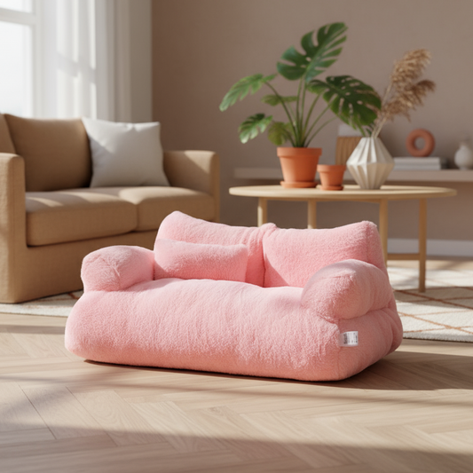 Pink pet bed on a carpeted floor with a lamp and decorative items in the background