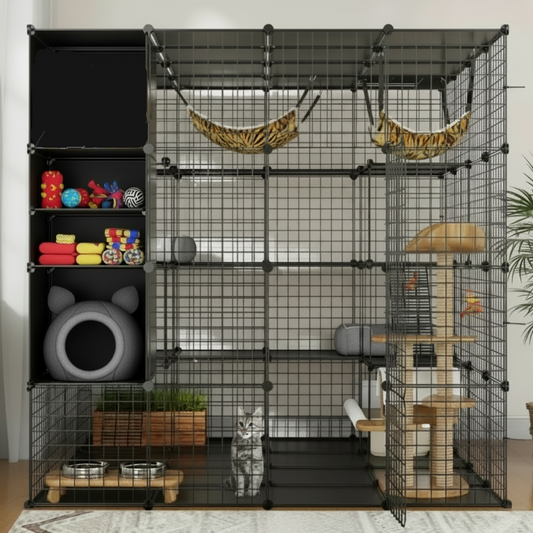 Child holding a cat next to a large black pet cage with various accessories in a room.
