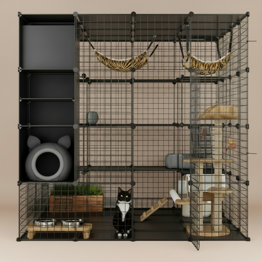 Child holding a cat next to a large black pet cage with various accessories in a room.