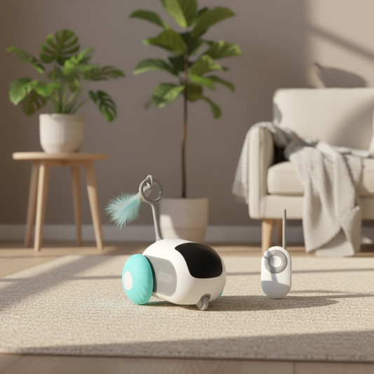 Robotic pet toy with remote control in a living room setting