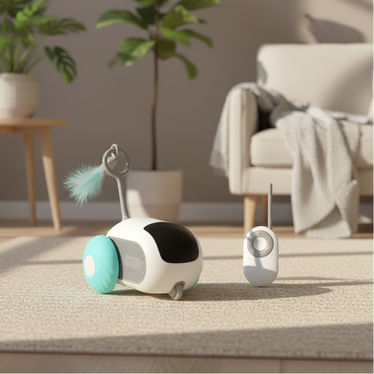 Robotic pet toy with remote control in a living room setting