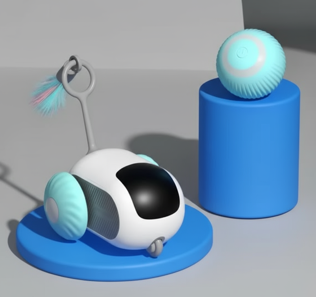 Toy robot with a ball on a blue background