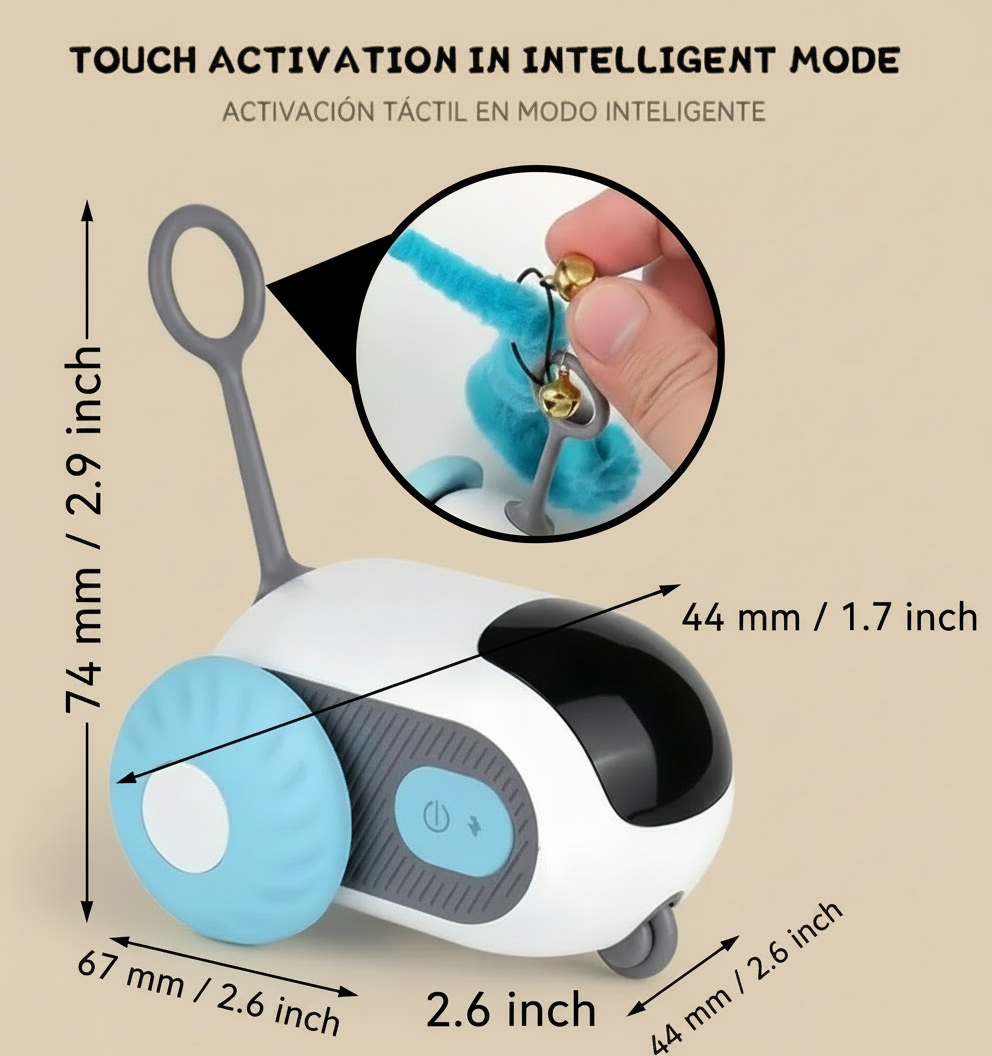 Small robot toy with touch activation feature, showing dimensions and a close-up of the activation mechanism.