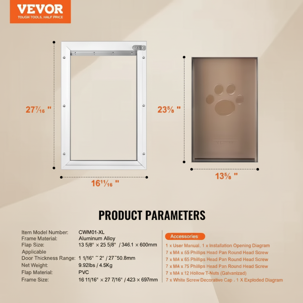 Pet door with dimensions and product parameters on a white background