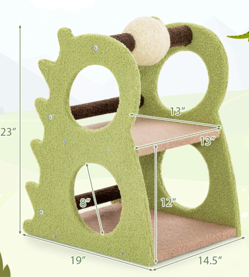 Green cat play structure with dimensions on a white background