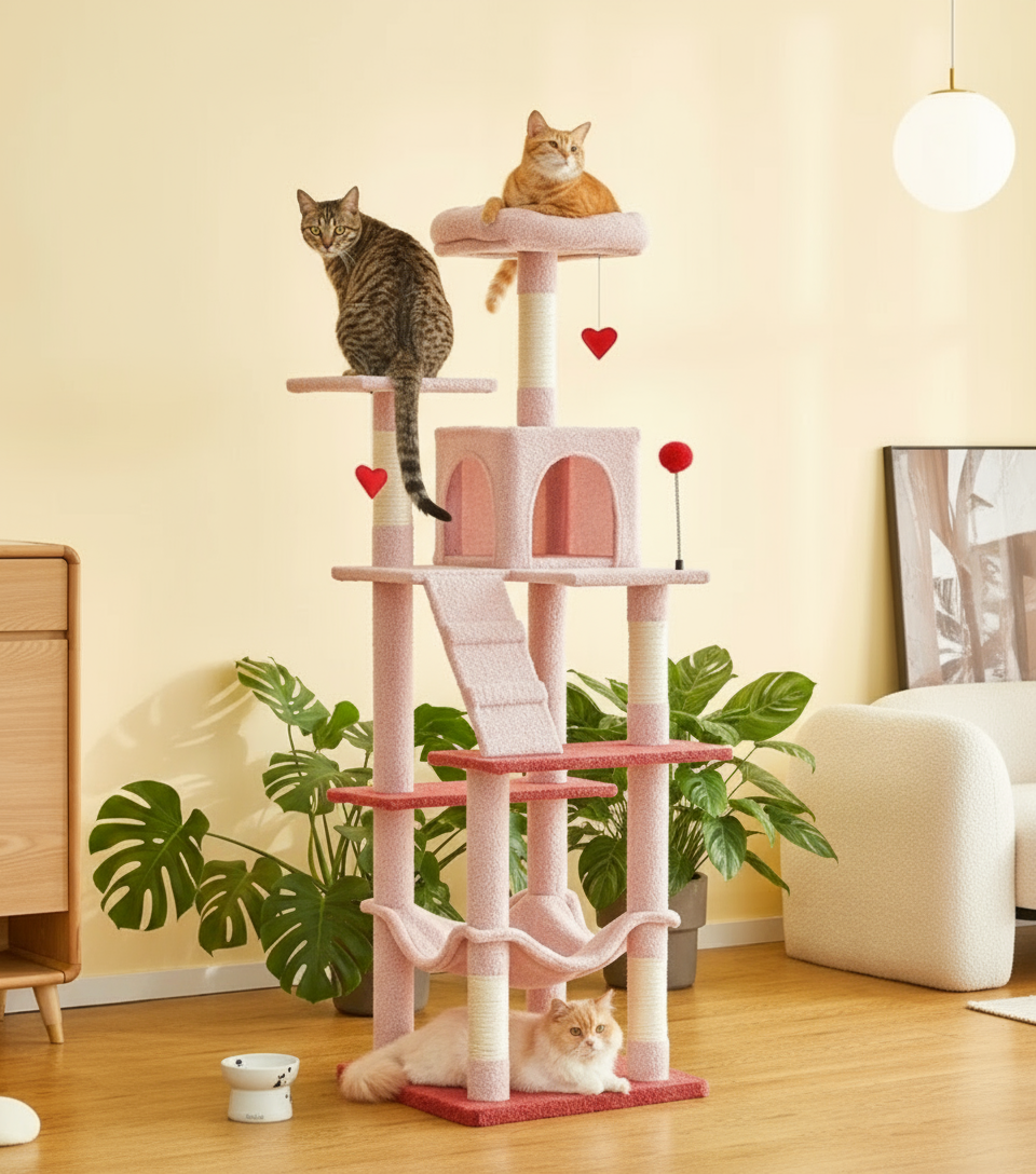 Cat tree with cats on different levels in a room.