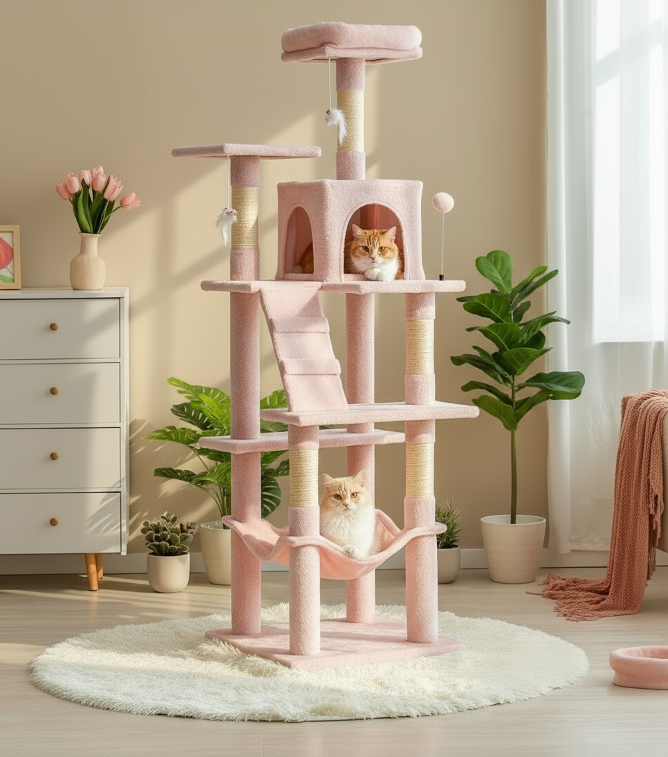 Pink cat tree with multiple levels and a cat sitting on one of the platforms in a room setting.