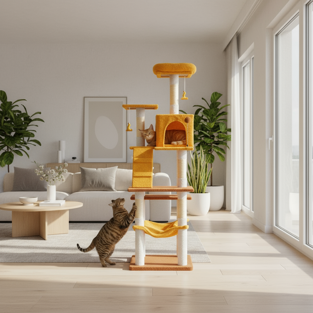 Cat climbing a multi-level cat tree with a beige wall and wooden floor in the background.