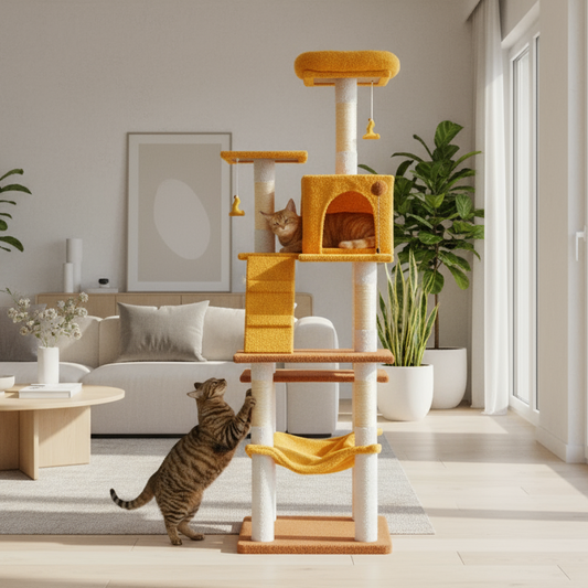 Cat climbing a multi-level cat tree with a beige wall and wooden floor in the background.