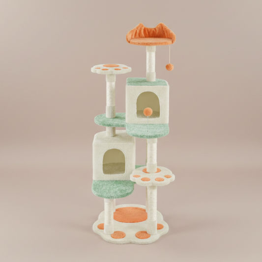 Cat tree with multiple levels and a top perch on a white background