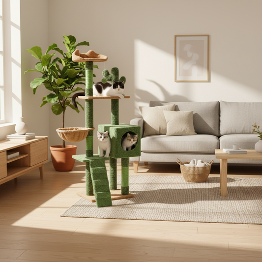 Green cat tree with multiple levels in a living room setting.