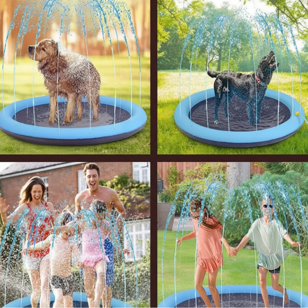 Inflatable sprinkler pad for dogs and children in a garden setting