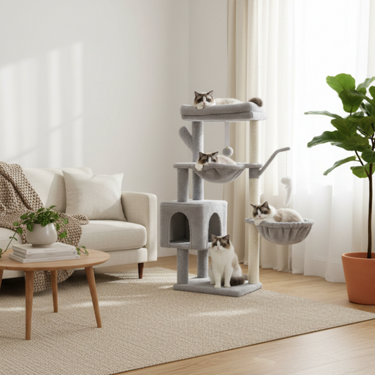 Cat tree with multiple levels and perches on a white background