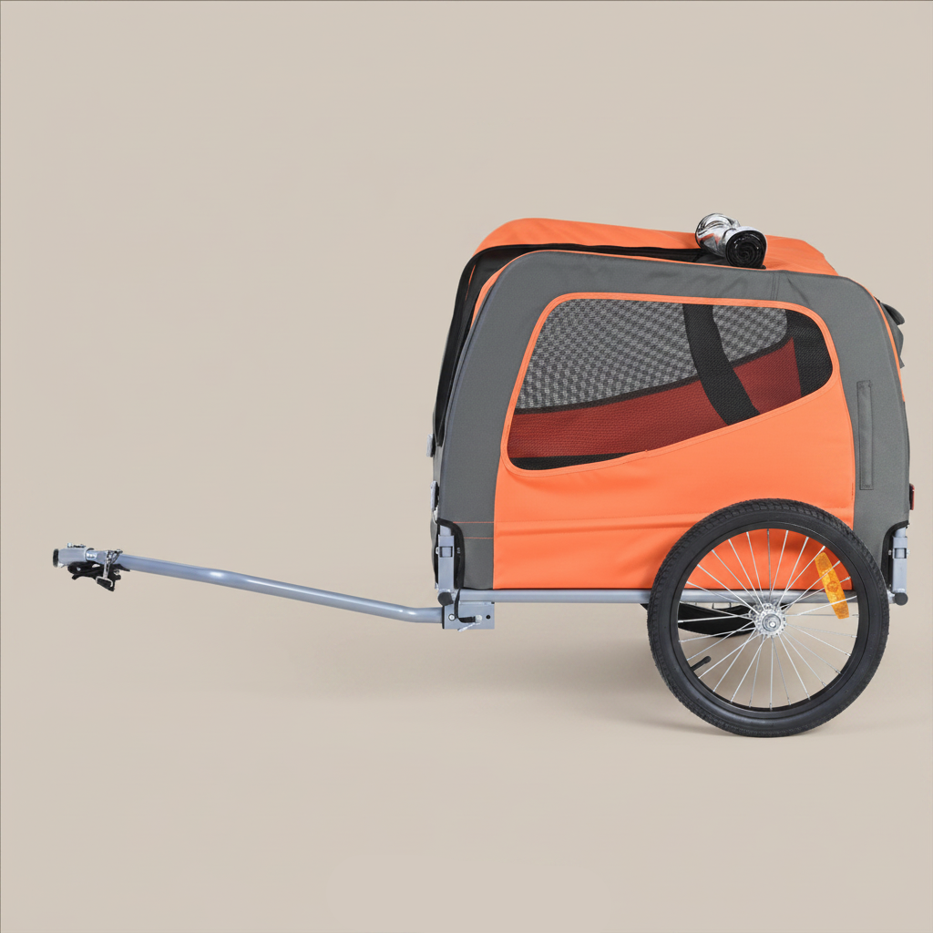 Orange and gray pet bike trailer on a white background