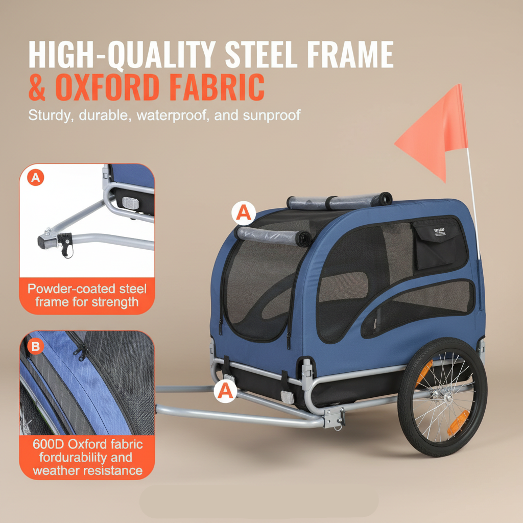 Image of bicycle trailer displaying it's high quality steel frame and oxford fabric materials. Text displaying "Sturdy, durable, water-proof & sun-proof".