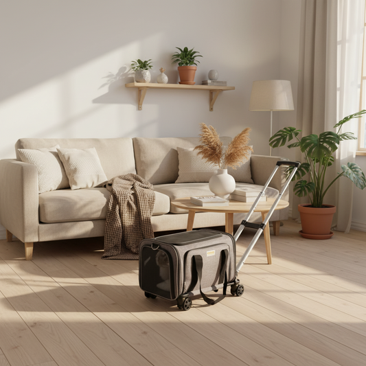 Gray pet carrier with wheels, telescoping handle, mesh side windows, shown in a living room setting