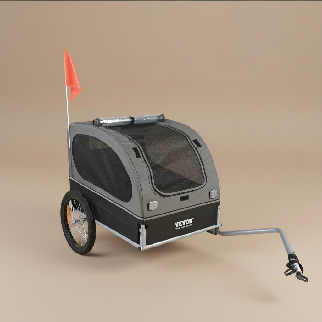 A VEVOR bicycle trailer with a gray and black mesh body, a single wheel, a gray hitch tube, and an orange flag on a beige background. A text overlay at the bottom reads 'Load Capacity: 88 lbs, Color: Black/Gray'.