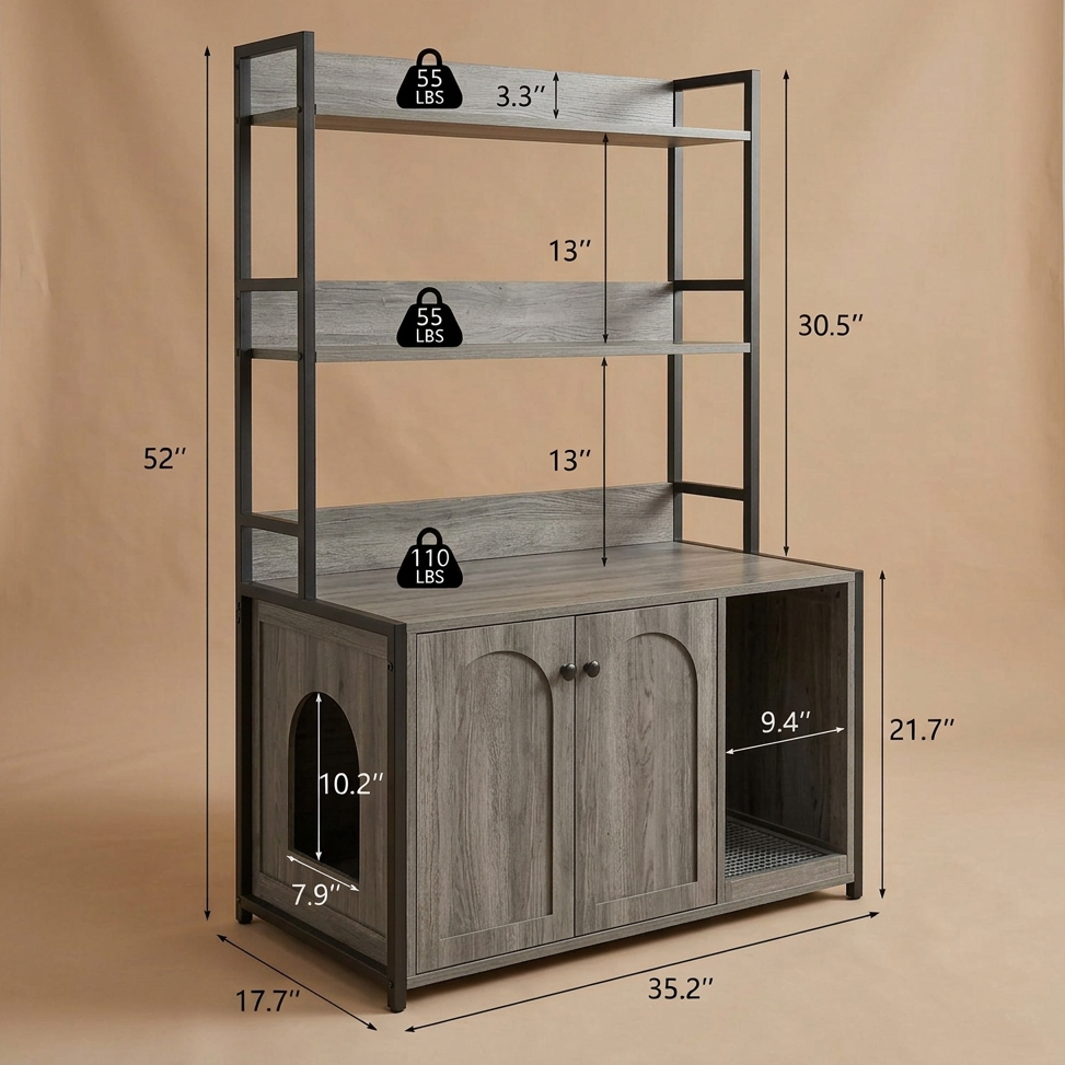 A line drawing of a tall enclosure cabinet with shelves and doors, annotated with dimensions in inches and weight labels on beige background.
