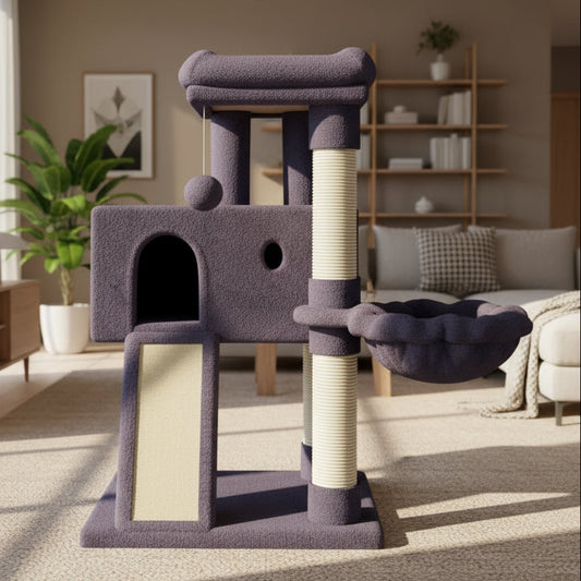 Smokey Gray cat tree with beige accents on a gray background