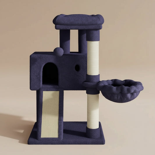 Smokey Gray cat tree with beige accents on a gray background