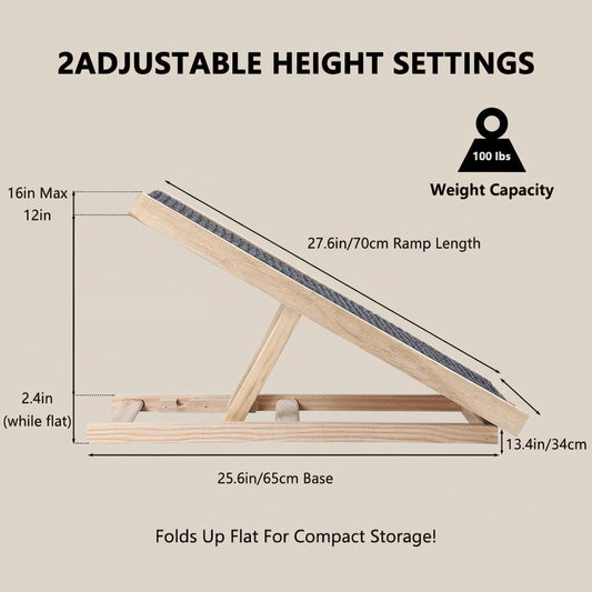 Dog ramp with adjustable height settings and specifications on a white background