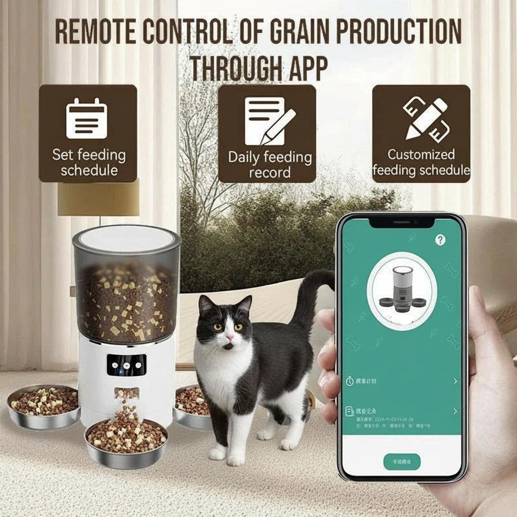 Cat food dispenser with smartphone app for remote grain production control