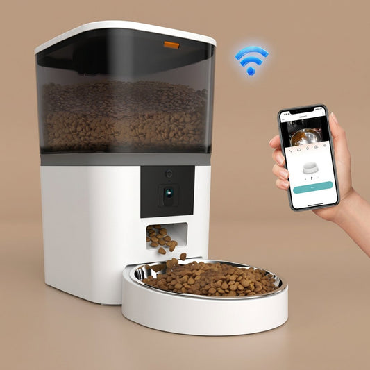 Smart pet feeder with Wi-Fi connection and smartphone app control on a white background