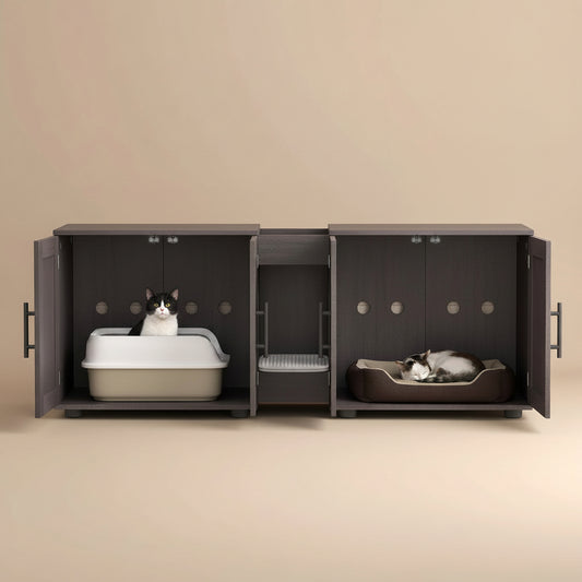 Litter enclosure cabinet with cat litter box in one side and bed in the second side with a beige background.
