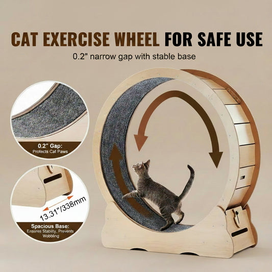 Cat exercise wheel with safety features and a cat using it indoors.
